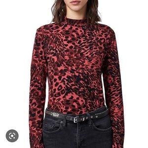 All Saints Red Kiara Leopard Print Long-Sleeve Tee